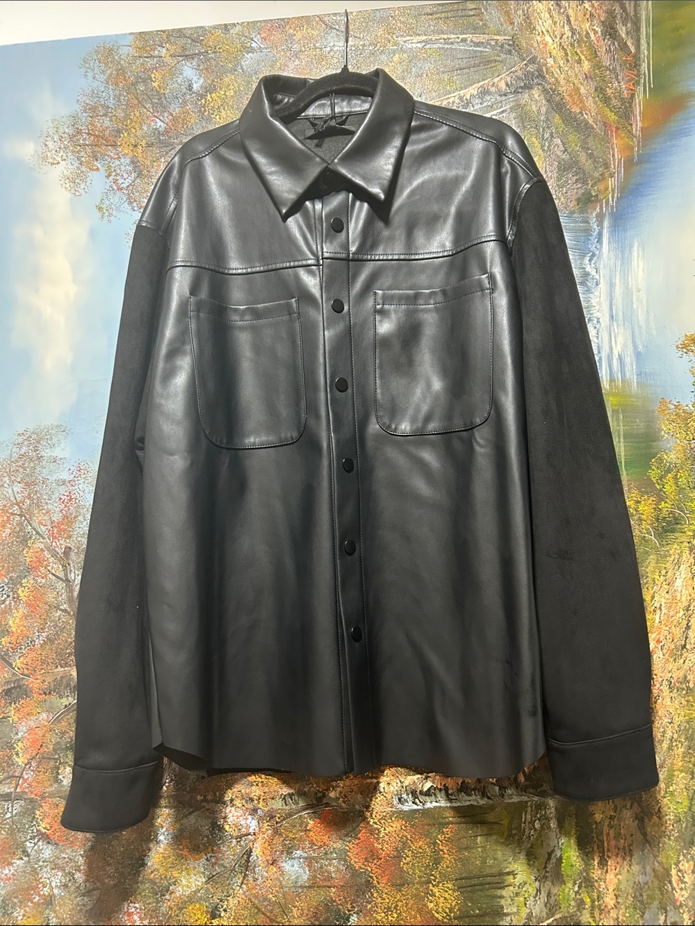 NOVAMEN Black Leather Button-Up Shirt Jacket.